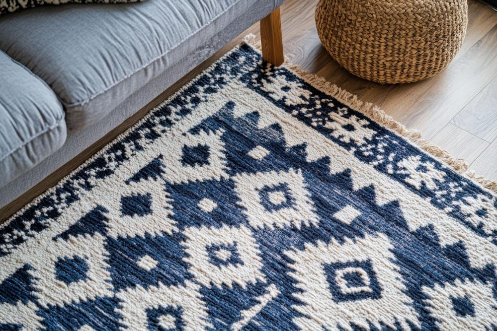 A blue and white patterned rug on a wooden floor beside a gray sofa and a woven round ottoman, perfect for welcoming guests after visiting top Alterations and tailoring Manlius services.