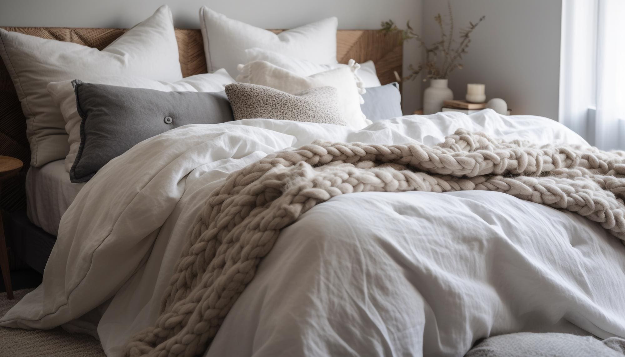 A neatly made bed with white linens, gray and white pillows, and a chunky knit beige blanket in a softly lit bedroom&mdash;perfectly refreshed with expert household item cleaning Syracuse services.